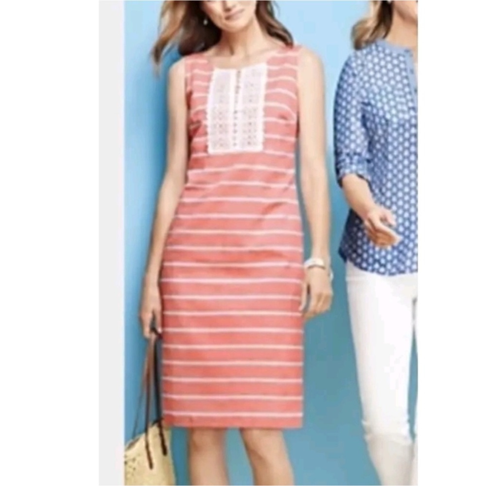 Talbots Coral Striped Linen Blend Shift Dress Pockets 2